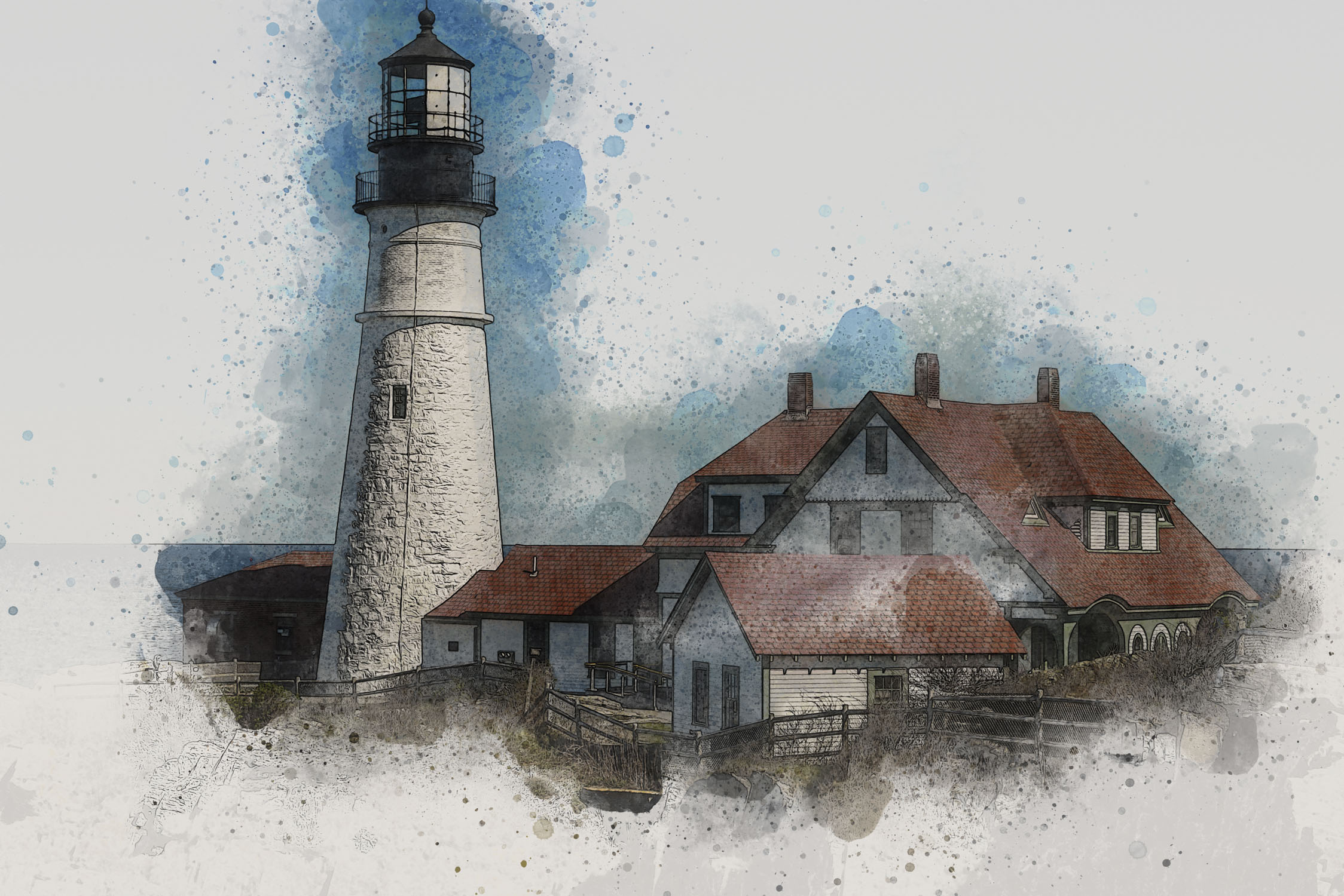 A water color style image of the Portland Head Light